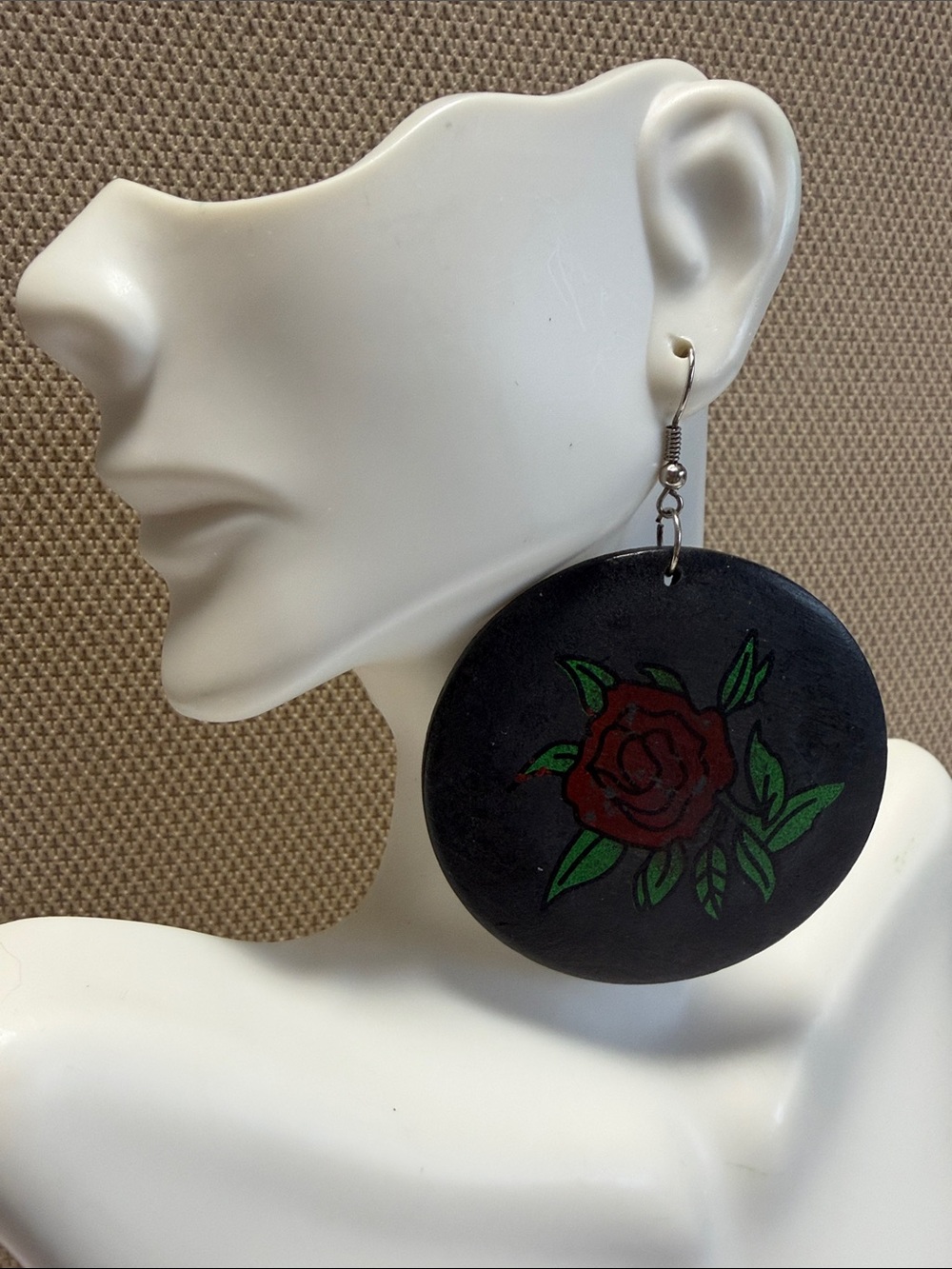 Black Wooden Hoop Earrings with Red Rose Accent - Women Jewelry